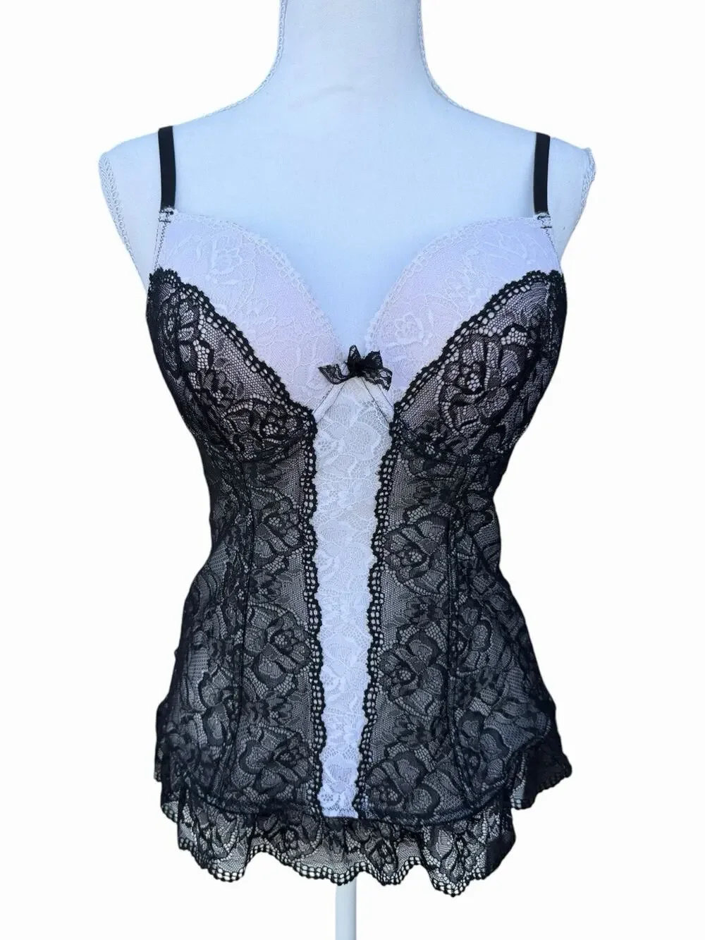 Fredericks of Hollywood Bustier Corset L Black White Lace Sheer Boned Top